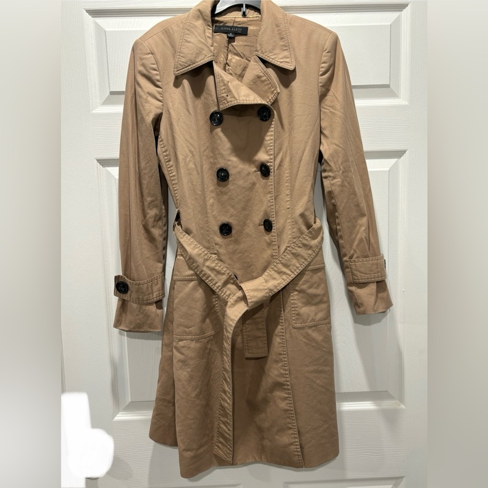 Vtg 1990’s Anne Klein Tan Belted Trench Coat Sz 8 Silk Like Lining‎ Fall Winter